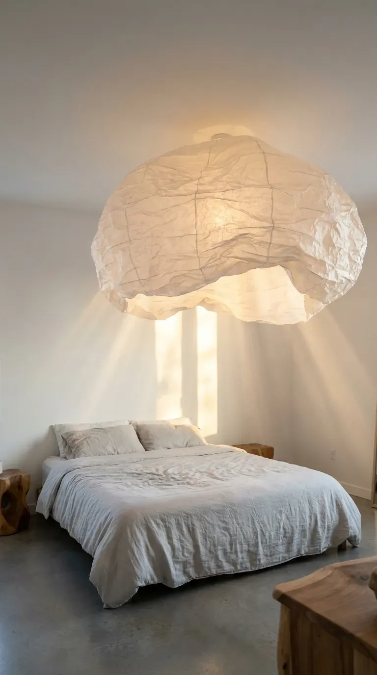 An oversized sculptural paper lantern hanging in a minimalist bedroom