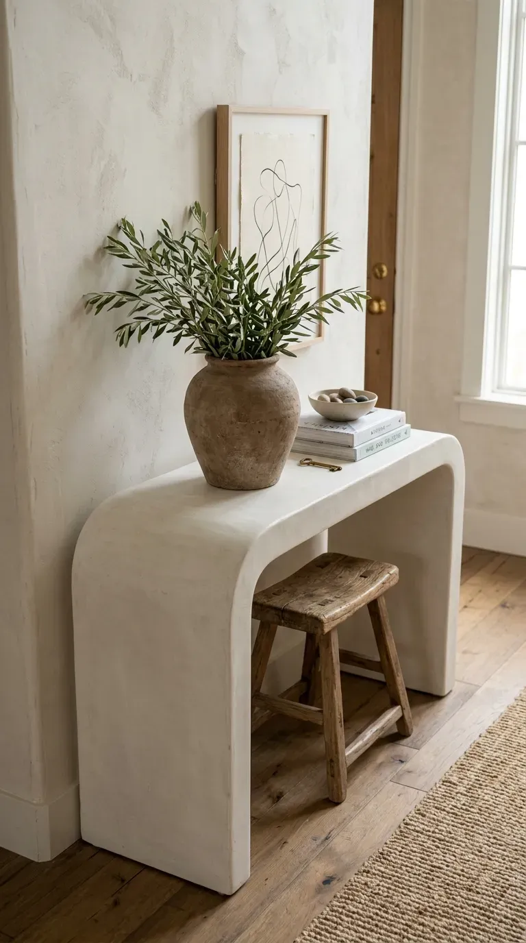 Seamless curved white plaster waterfall console table in an entryway
