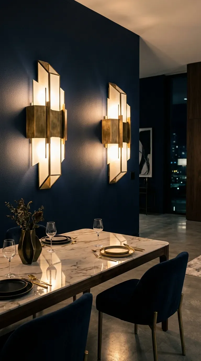 12 Aesthetic Dining Room Wall Decor Styles to Copy Today 8 A dark dining room featuring striking, oversized sculptural brass wall sconces