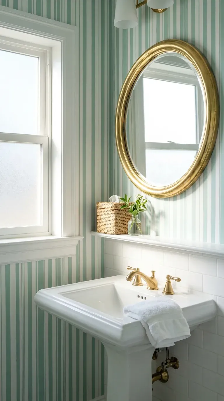 15 Gorgeous Green Aesthetic Wallpaper Ideas You Need to Try 11 A bright, airy bathroom with seafoam green coastal striped wallpaper