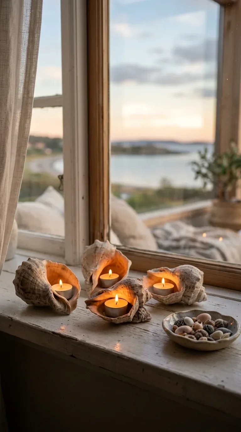 17 DIY Summer Decorations on a Budget 16 Tea lights nestled in large seashells arranged as candle holders on a windowsill
