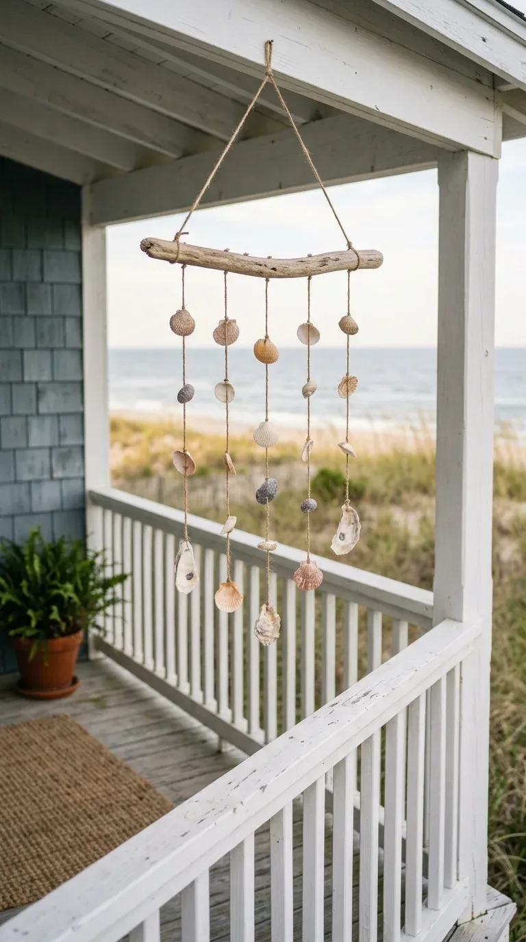 18 Fun Summer Craft Activities for Any Age 4 A handmade seashell wind chime hanging from a piece of driftwood on a porch