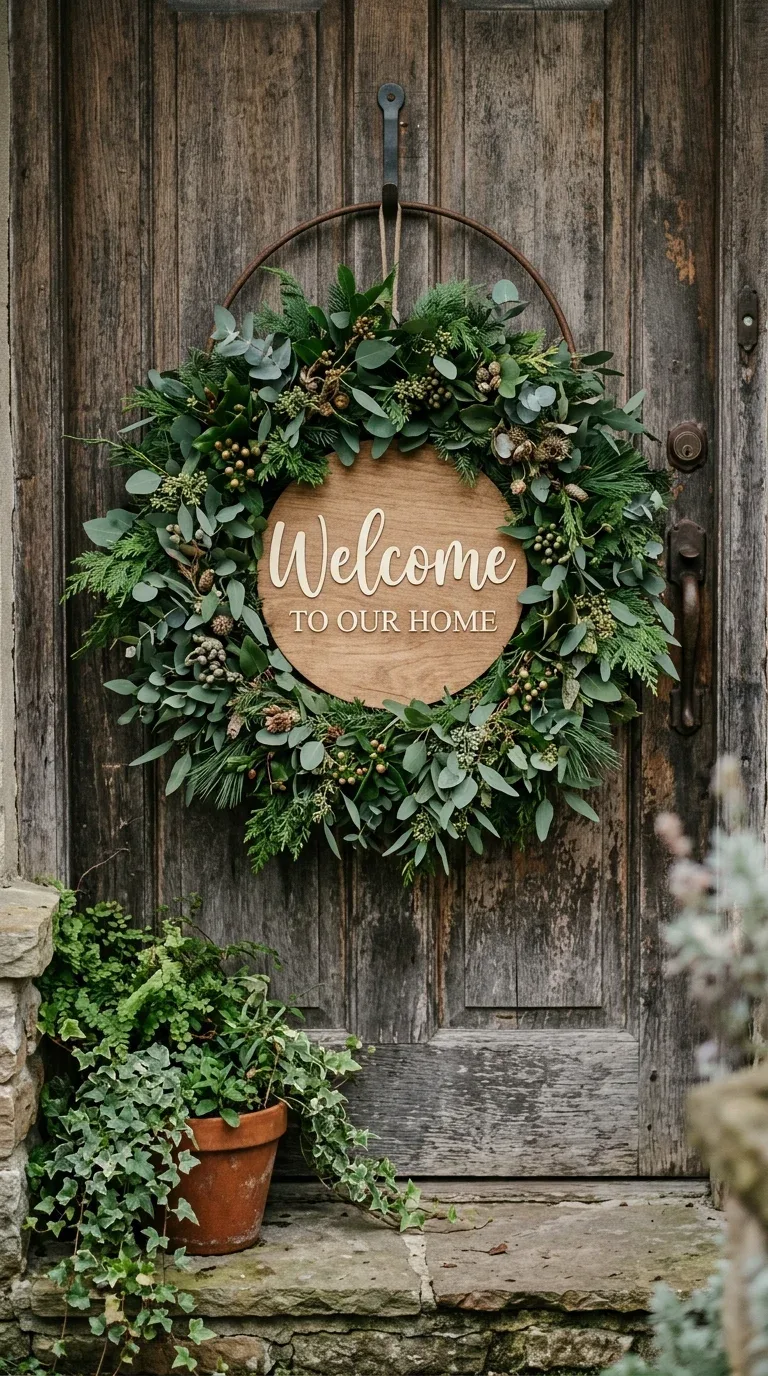 21 Easy Cricut Home Decor Projects You'll Love 20 A round wood wreath insert with cut vinyl seasonal lettering centered inside a greenery wreath
