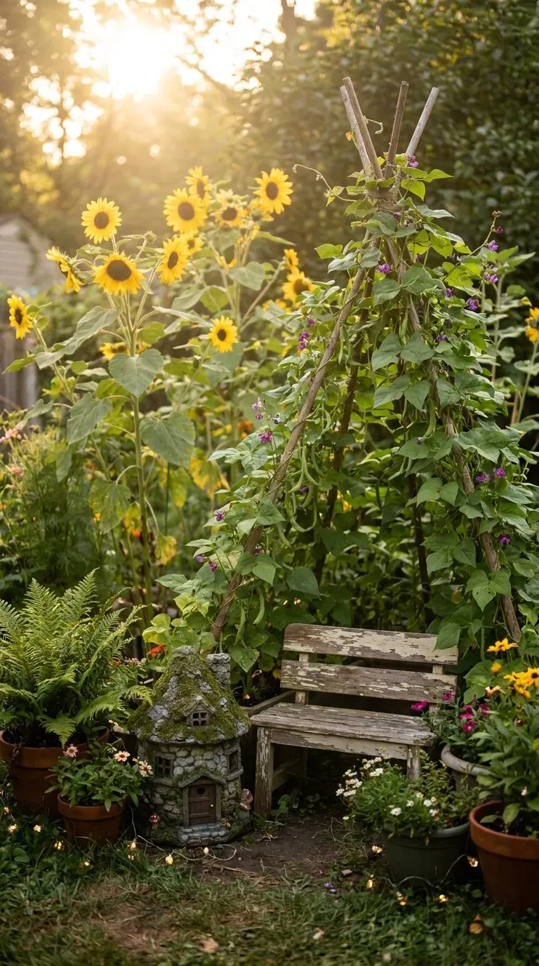 10 Must-Try Fun Outdoor Play Area Ideas Kids Will Love 11 A magical garden hideaway surrounded by tall sunflowers and a wooden bench