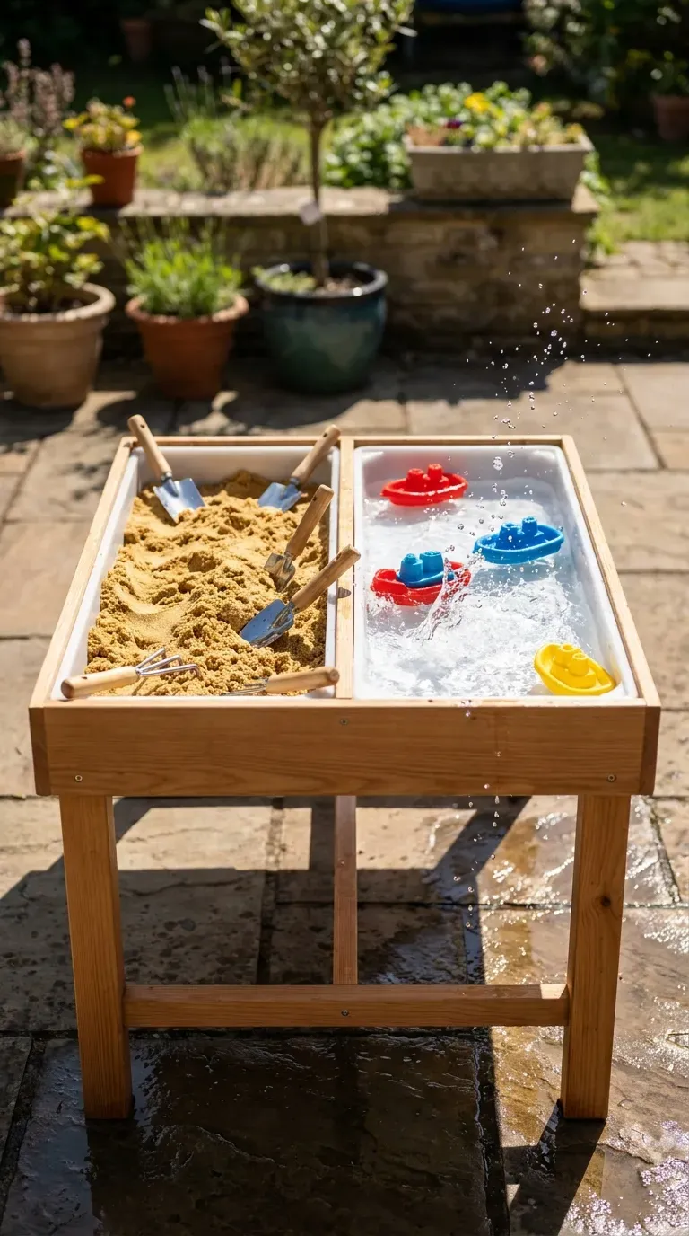 10 Must-Try Fun Outdoor Play Area Ideas Kids Will Love 4 A wooden sensory table filled with wet sand and splashing water toys