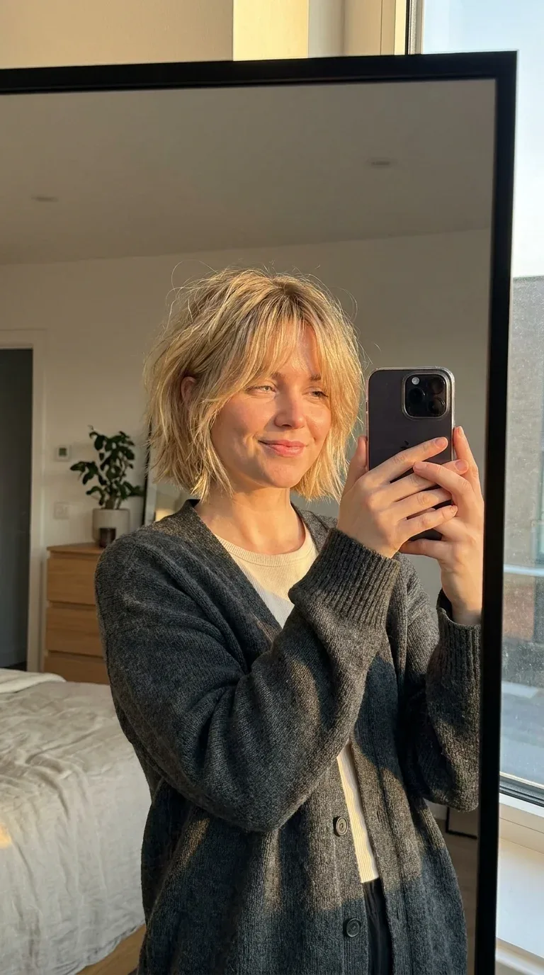 Woman with a shaggy haircut and curtain bangs taking an iPhone mirror selfie.