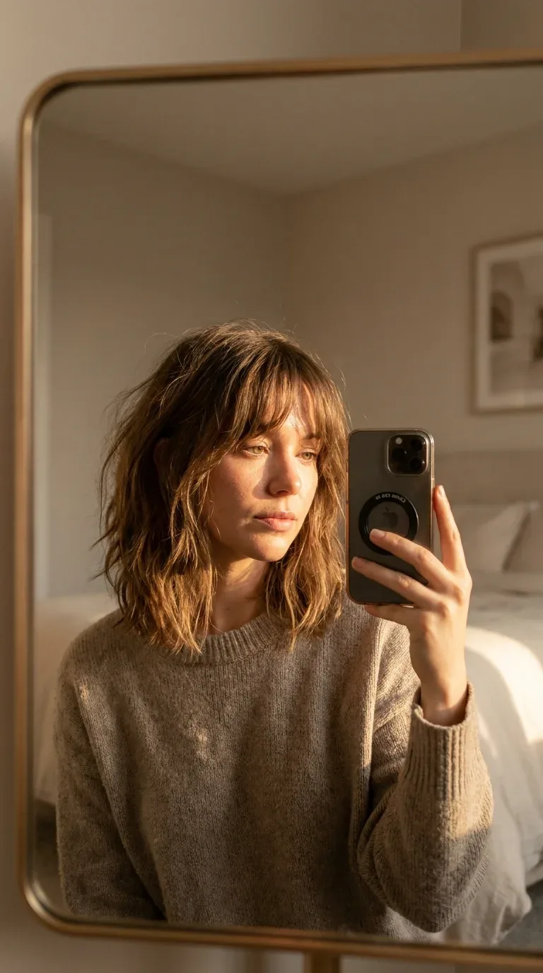 Woman with a shaggy lob and curtain bangs taking an iPhone mirror selfie.