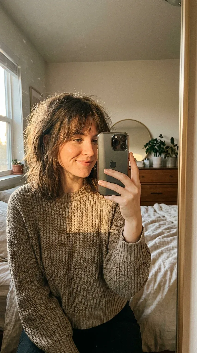 Woman with a shaggy lob and wispy bangs taking an iPhone mirror selfie.