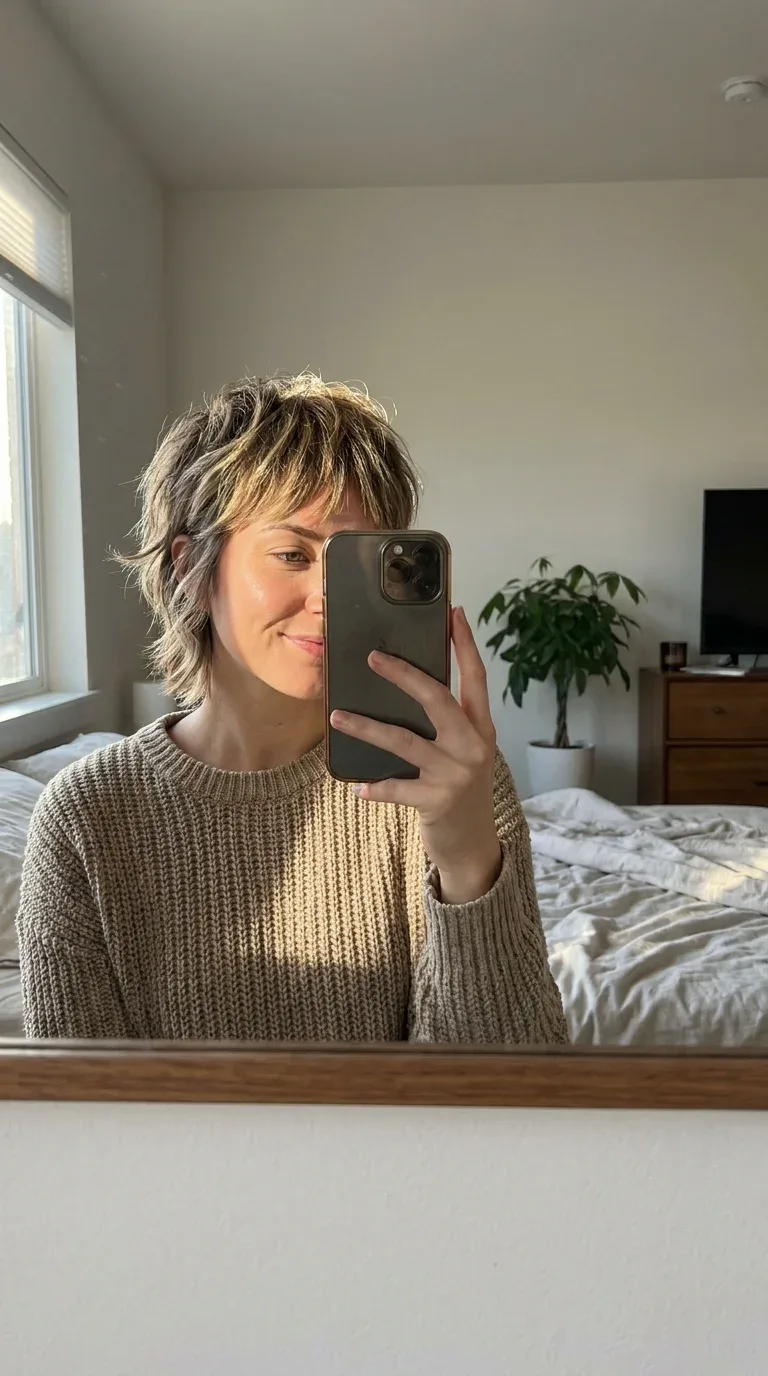 Woman with a shaggy pixie haircut taking an iPhone mirror selfie.