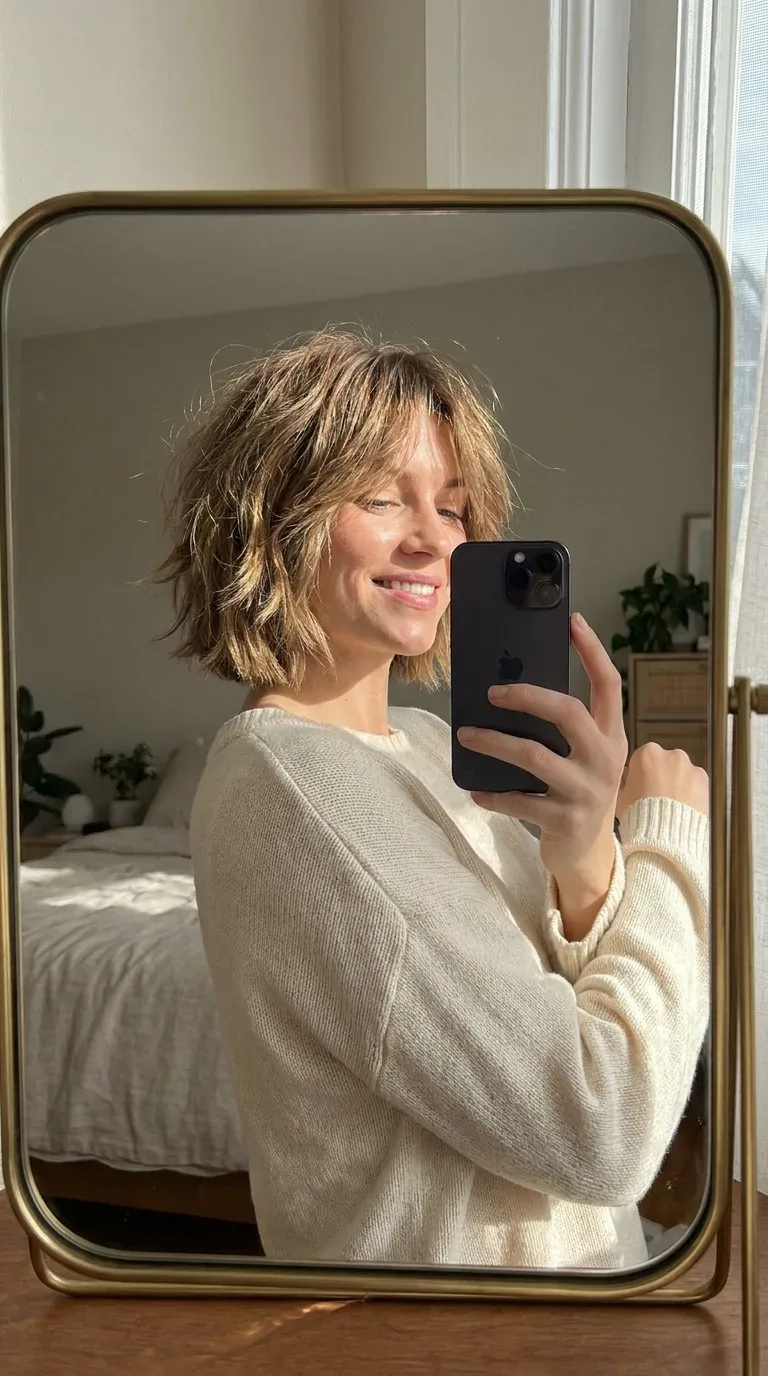 Woman with a shaggy bob hairstyle taking an iPhone mirror selfie.