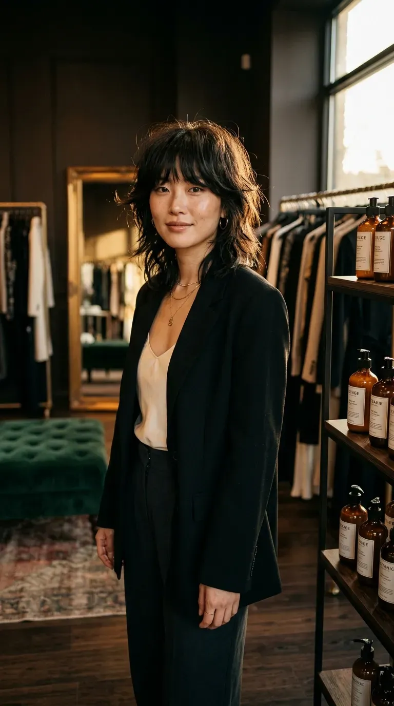 Woman with shaggy wolf cut and curtain bangs