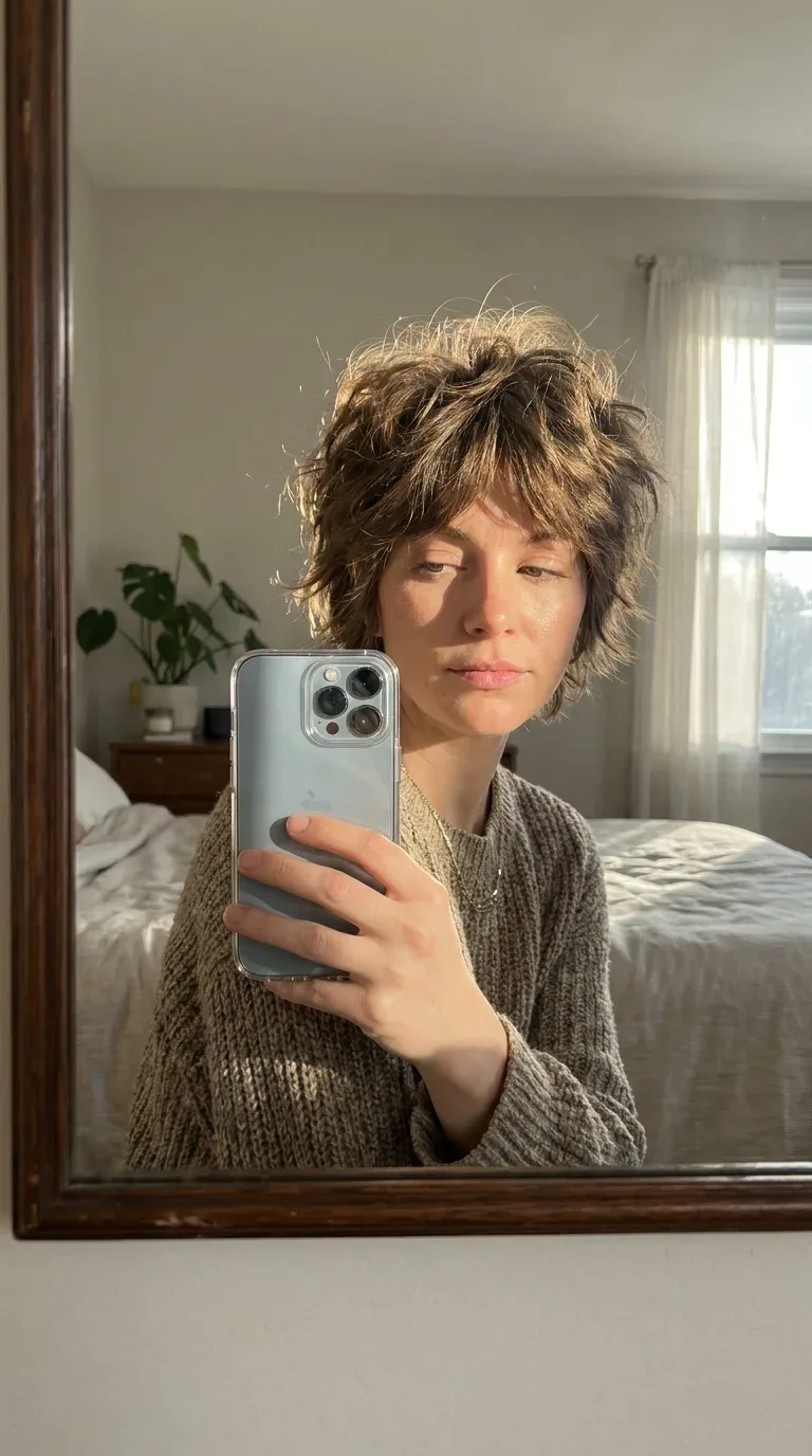 Woman with a shaggy wolf pixie haircut taking an iPhone mirror selfie.
