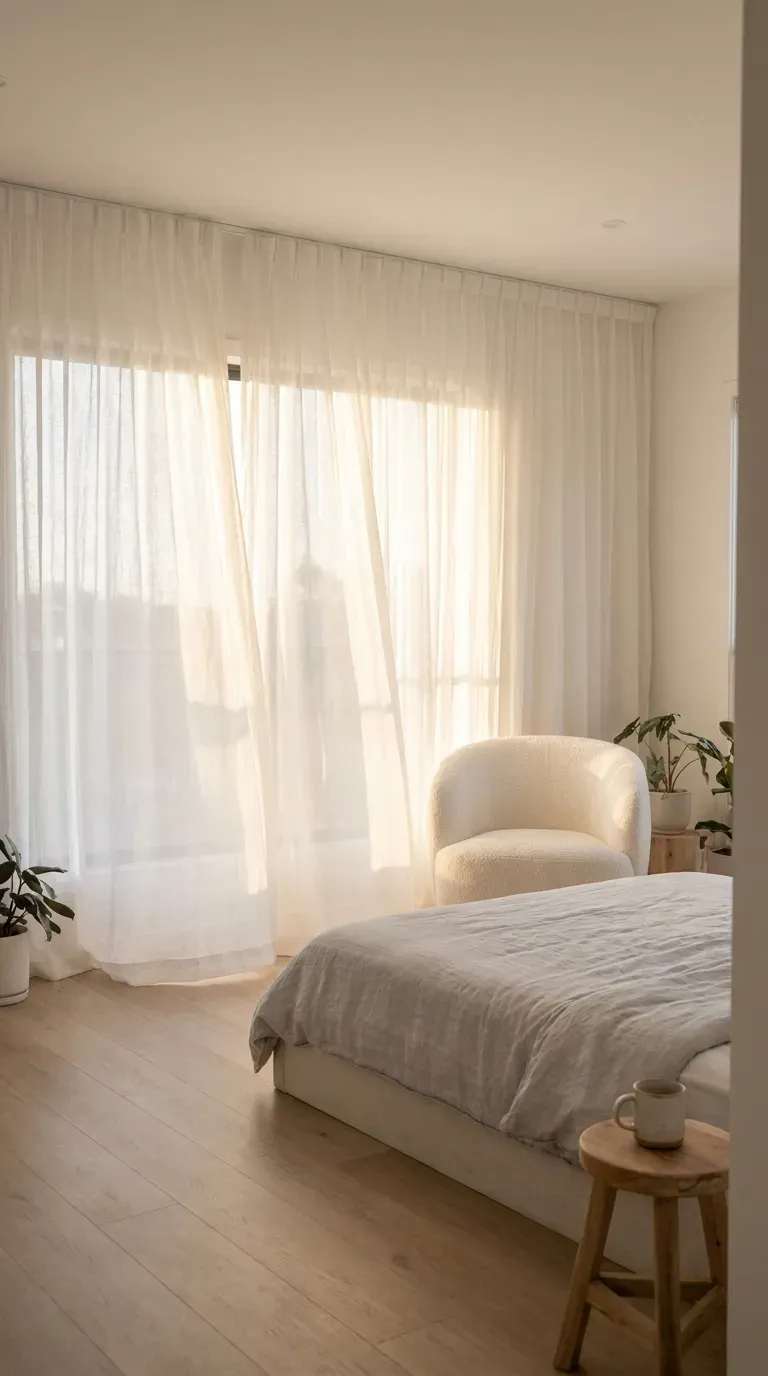 Floor-to-ceiling sheer white linen drapes blowing gently in a minimalist room