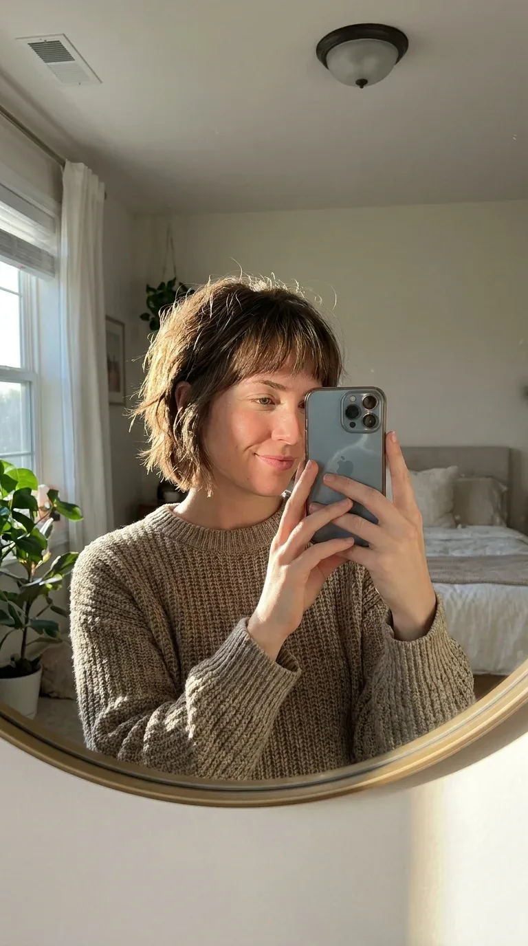 Woman with a short shag haircut and wispy bangs taking an iPhone mirror selfie.