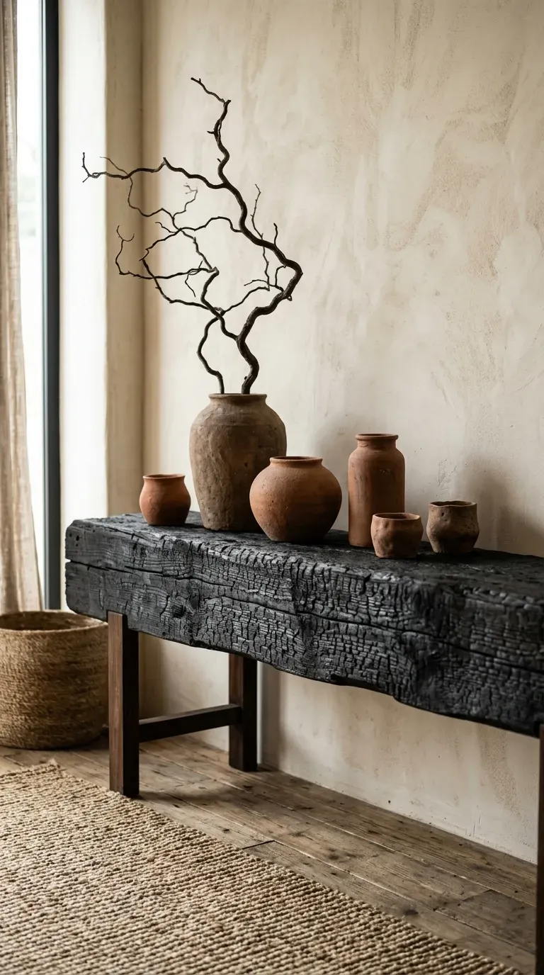 12 Black and Brown Living Room Designs That Will Transform Your Home 13 Charred black wood console table styled with raw terracotta brown ceramic vases