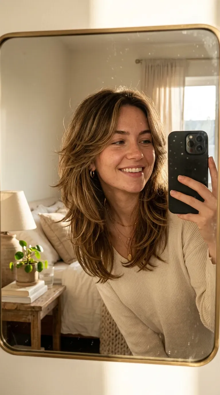7 Kitty Cut Hairstyle Ideas That Are Soft, Trendy, and Effortlessly Chic 8 Woman with a shoulder-length kitty cut taking an iPhone mirror selfie.