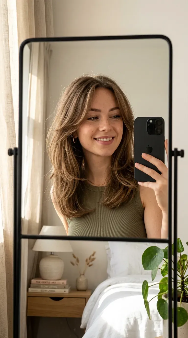 Woman with shoulder-length layered hair taking an iPhone mirror selfie.