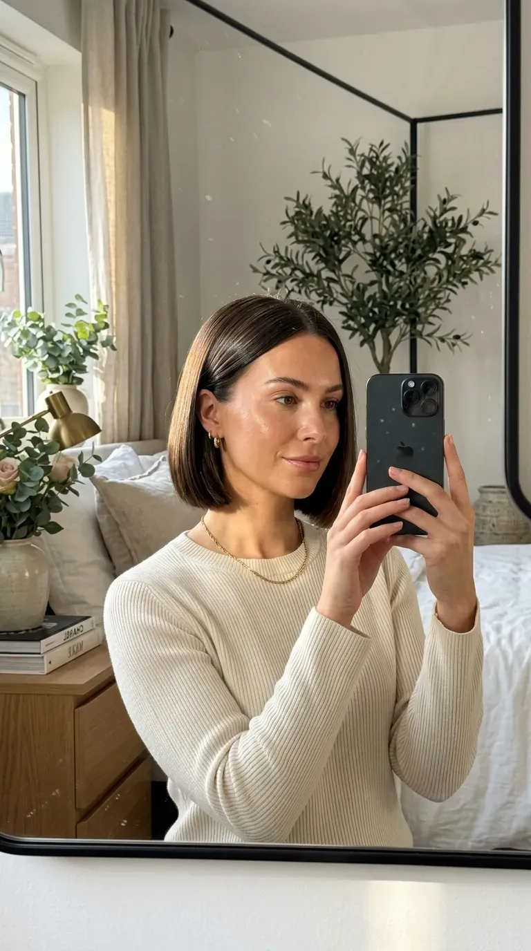 Woman with a shoulder-length luxury bob taking an iPhone mirror selfie.