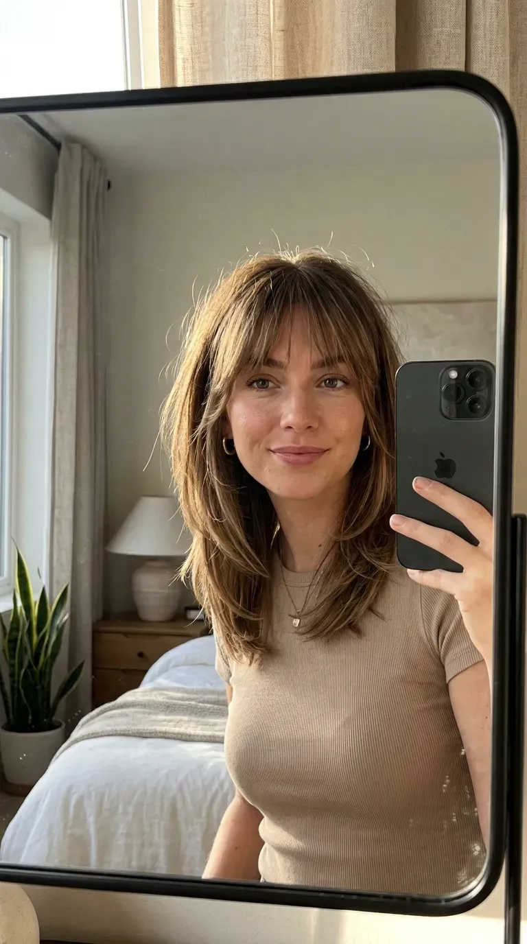 7 Wispy Bangs Haircut Ideas That Are Soft, Chic, and Effortlessly Stylish 8 Woman with shoulder-length hair and wispy bangs taking an iPhone mirror selfie.