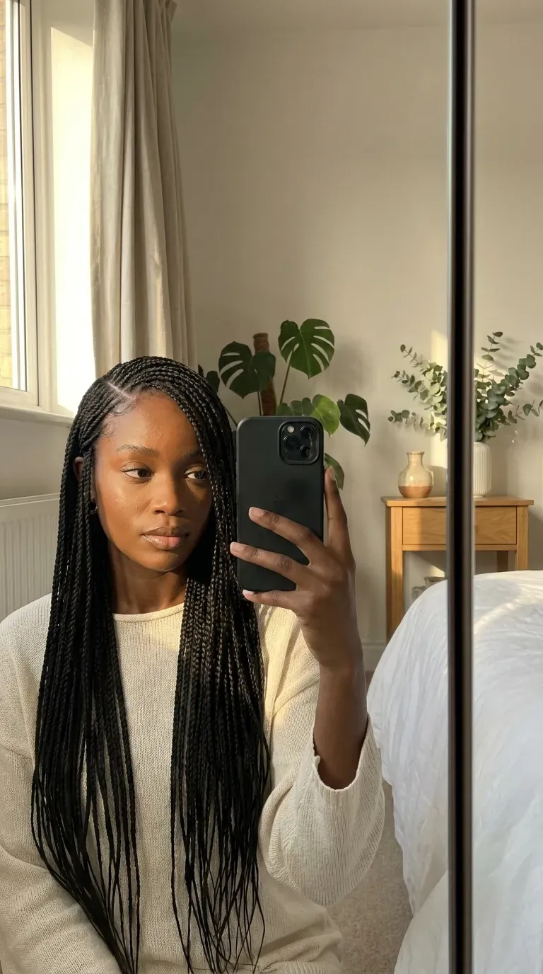 Woman with side-part micro braids taking an iPhone mirror selfie.