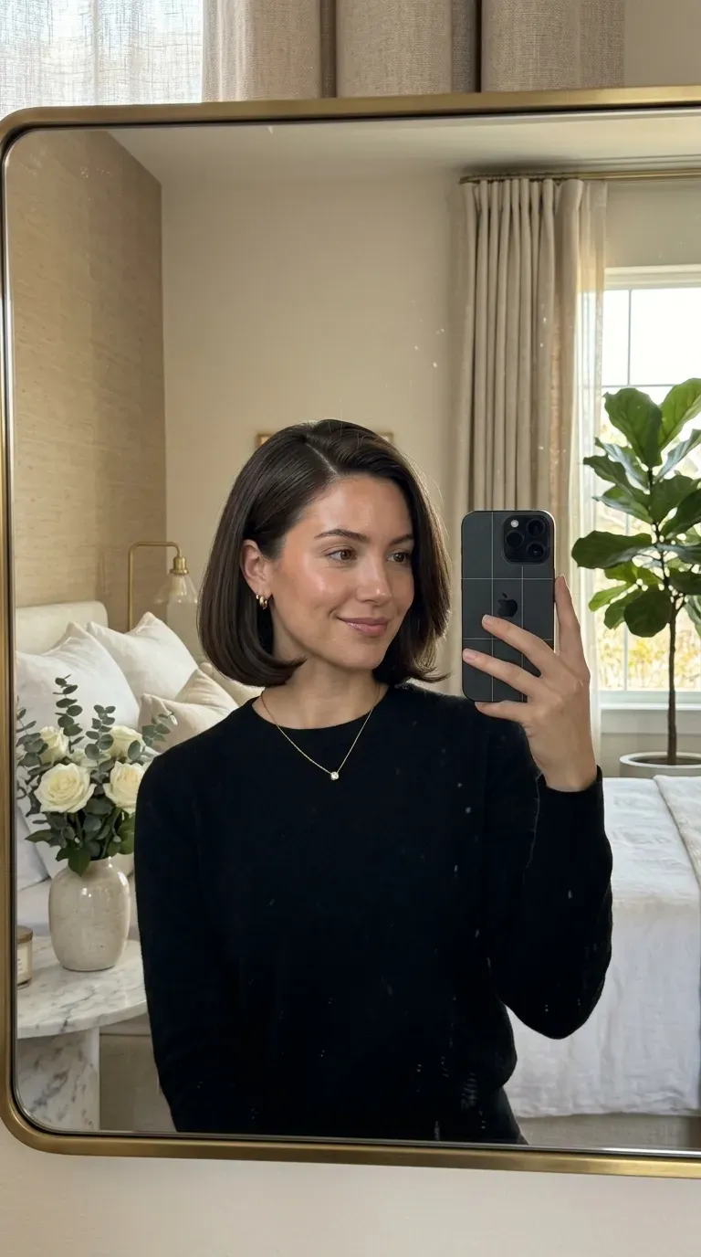 Woman with a side-part old money bob taking an iPhone mirror selfie.