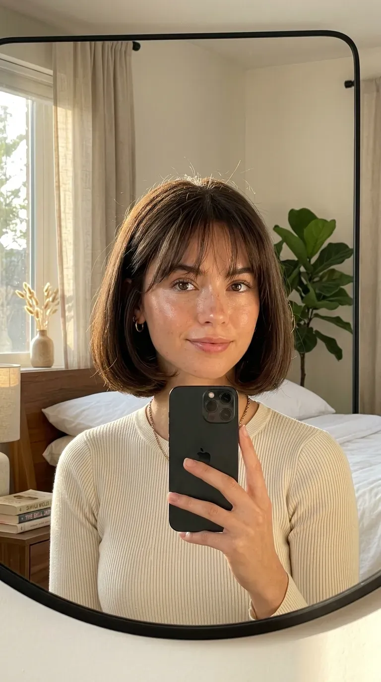 Elegant woman with a side-swept old money bob taking an iPhone mirror selfie.
