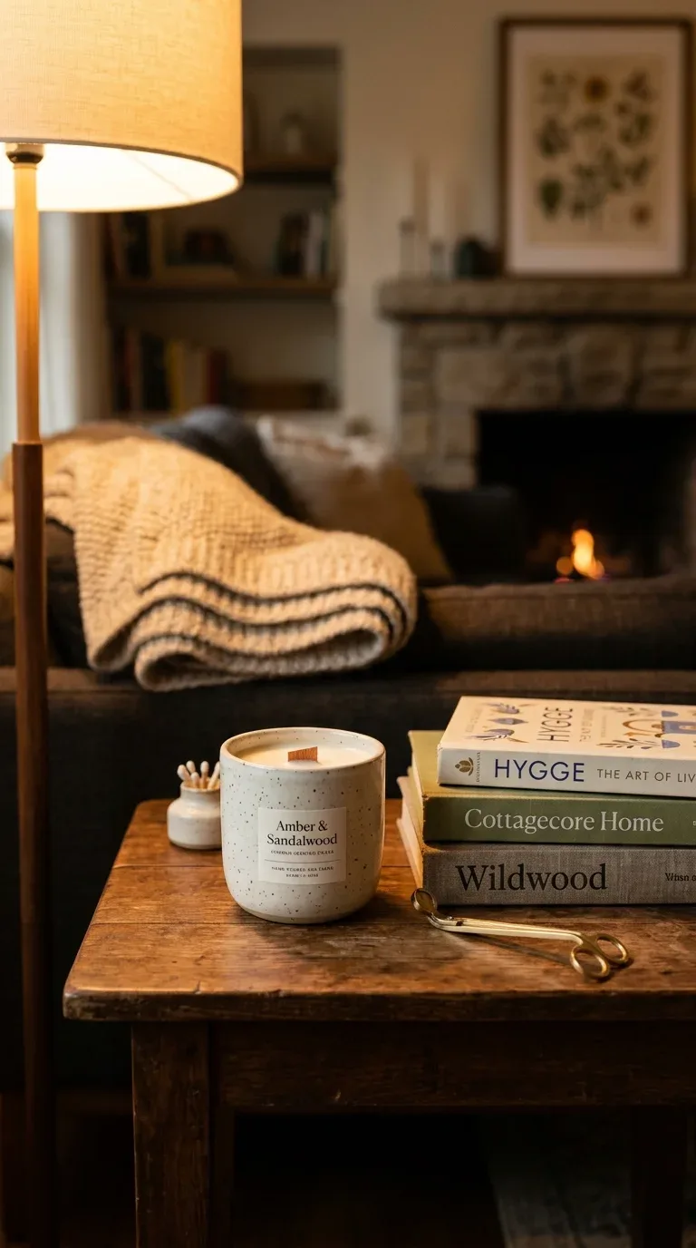 A cream scented candle styled as a finishing touch on a cozy living room side table
