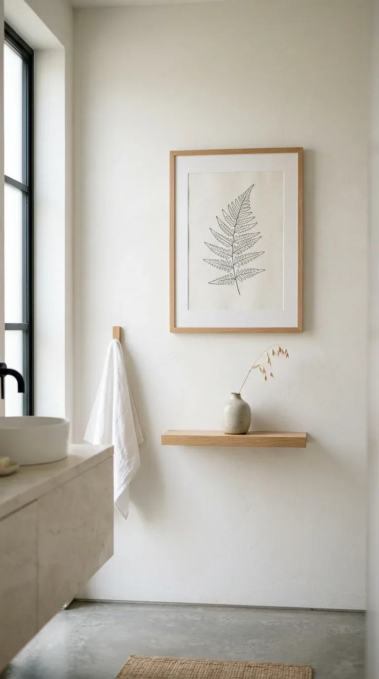 17 Minimalist Bathroom Ideas on a Budget 5 A single framed botanical print hanging on a minimalist bathroom wall