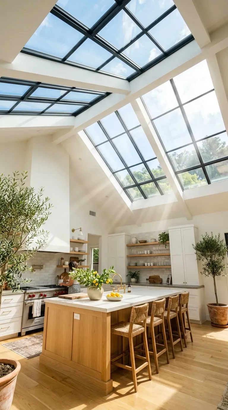 A bright open kitchen flooded with sunlight from massive ceiling skylights