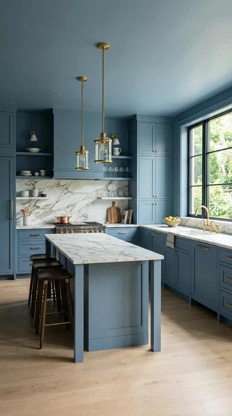 15 Genius Color Drenching Room Ideas You Need to Try 12 A modern kitchen with cabinets and walls color-drenched in slate blue