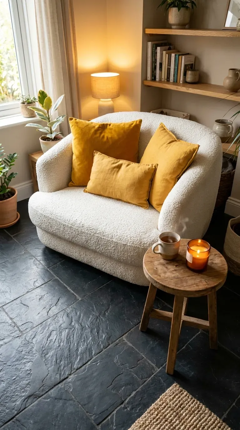 12 Genius Yellow and Gray Color Combo Ideas You Need to Try 6 A living space with dark slate gray floors and marigold yellow pillows