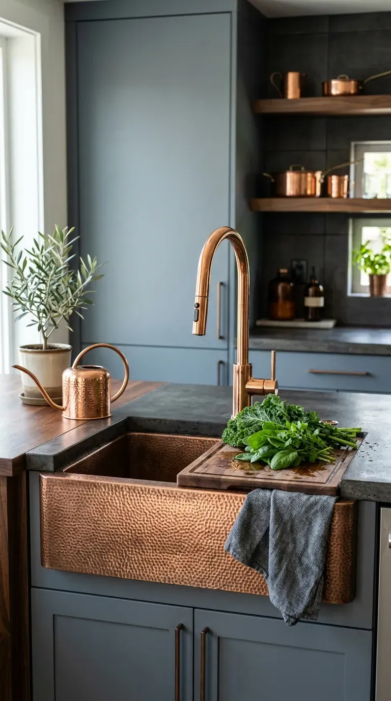14 Genius Kitchen Color Palette Ideas You Need to Try 12 Slate grey cabinets with a hammered copper farmhouse sink and copper fixtures