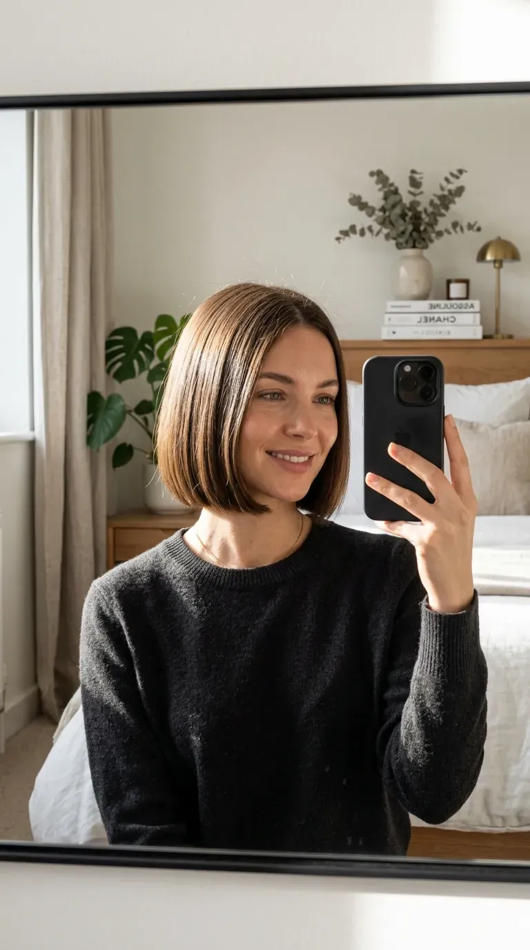 Woman with a sleek chin-length bob taking an iPhone mirror selfie.