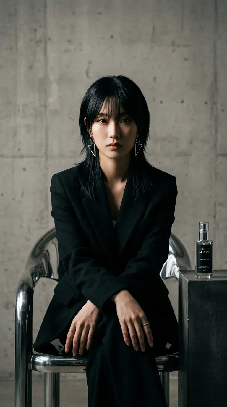 Sleek straight wolf cut on woman in studio