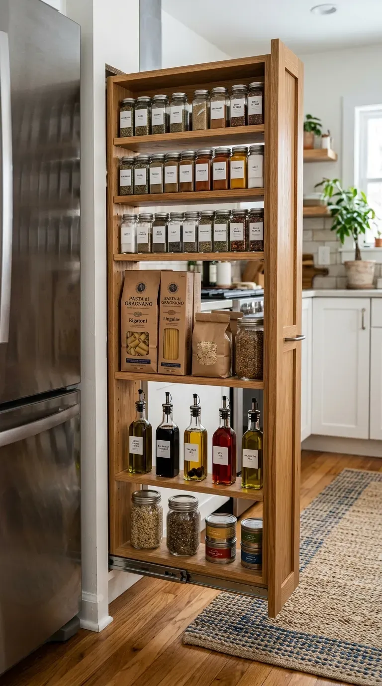 A narrow slide-out pantry cabinet fully extended next to a refrigerator