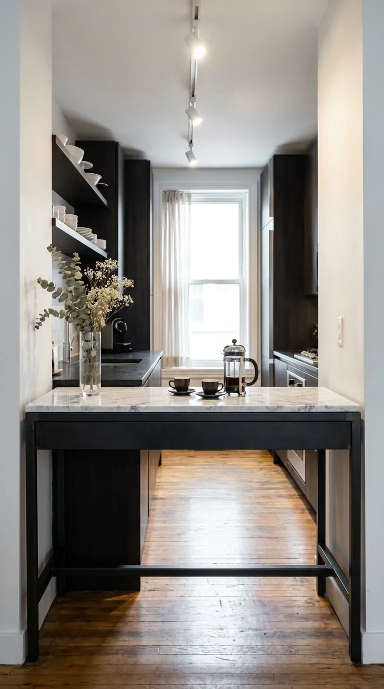 A narrow metal console table repurposed as a sleek kitchen island