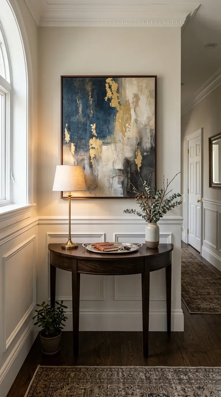 Small elegant half moon demilune console table in a narrow hallway