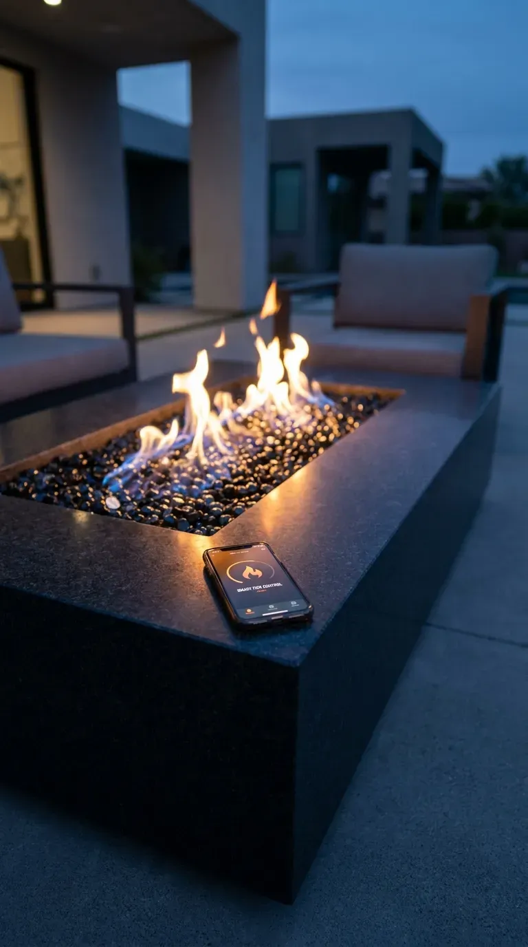 14 Genius Outdoor Fire Pit Ideas You Need to Try 8 A high-tech glowing gas fire pit being controlled by a smartphone app