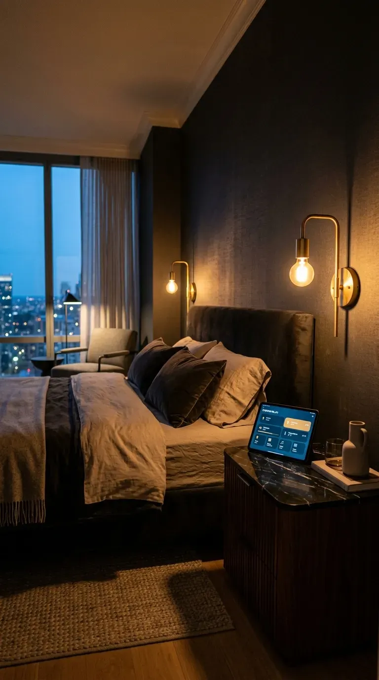 A modern guest room with glowing warm smart lighting on the nightstands