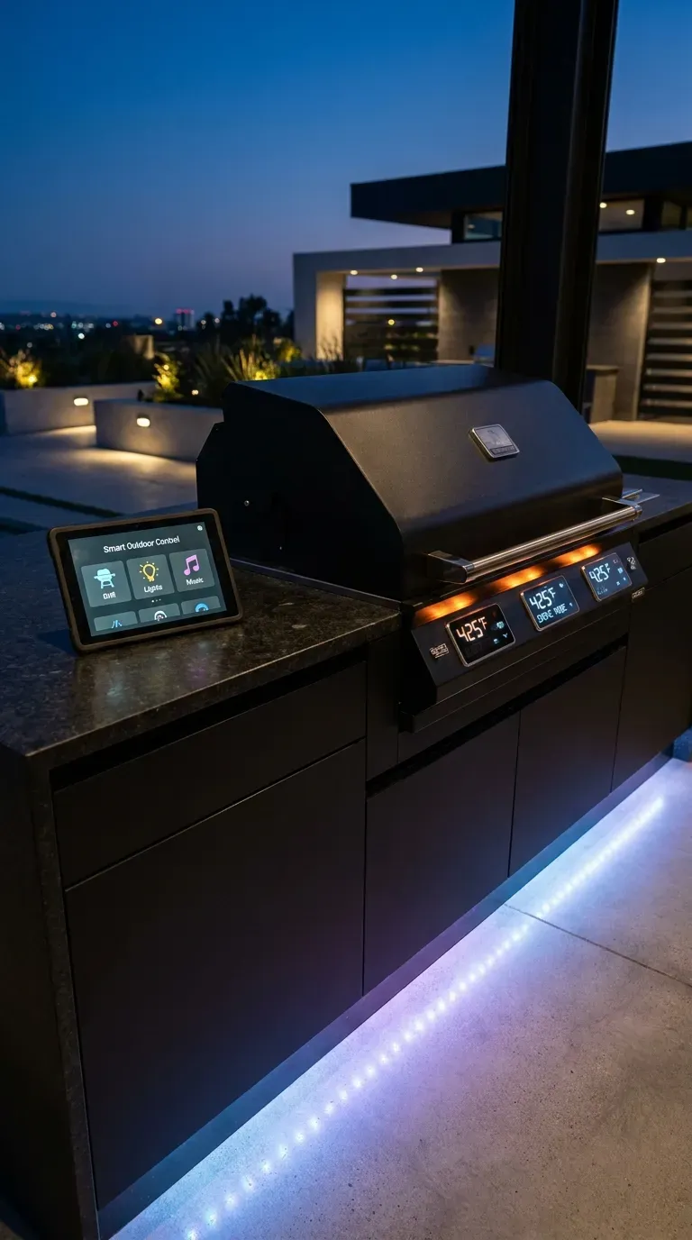 15 Genius Backyard Kitchen Ideas You Need to Try 9 A high-tech outdoor kitchen featuring a smart grill and tablet controls