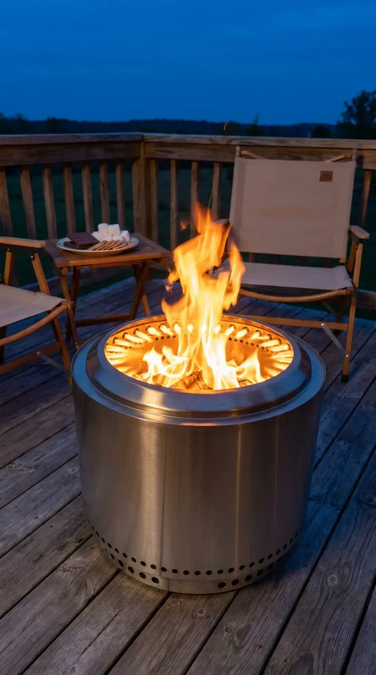 14 Genius Outdoor Fire Pit Ideas You Need to Try 6 A sleek stainless steel smokeless fire pit blazing on a deck