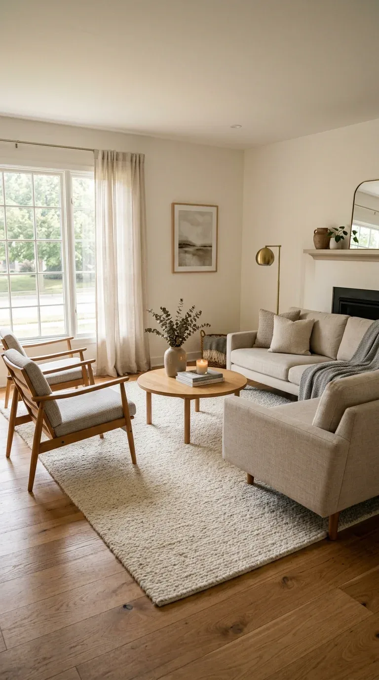 A large neutral area rug layered under living room furniture for a cozy feel