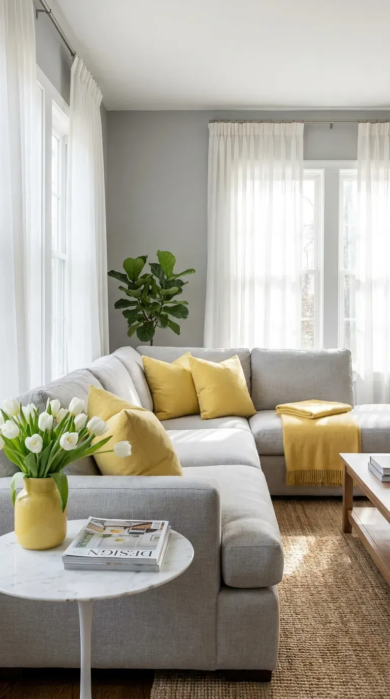 12 Genius Yellow and Gray Color Combo Ideas You Need to Try 3 A bright, airy living room with dove gray walls and lemon yellow pillows