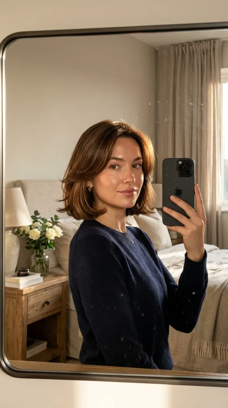 Woman with a softly layered luxury bob taking an iPhone mirror selfie.