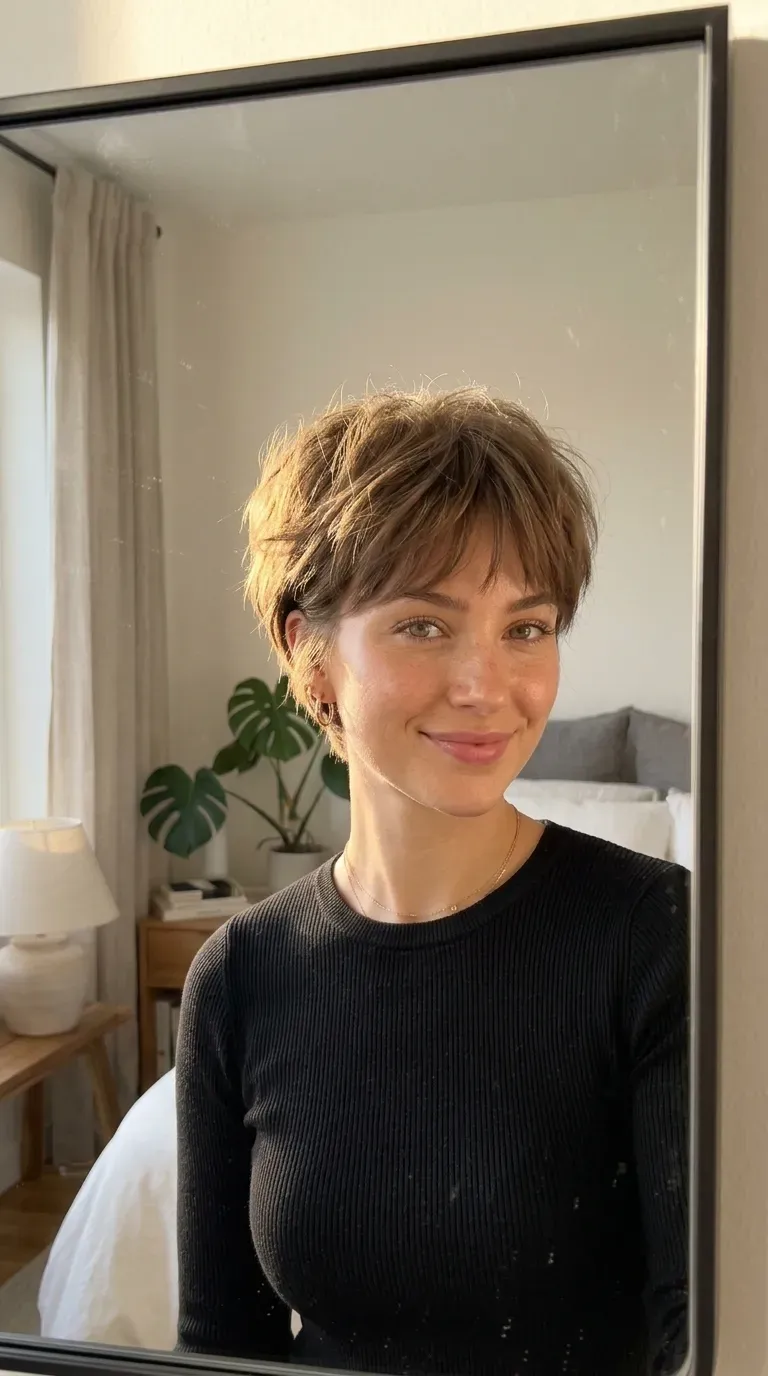 Woman with a soft pixie cut taking an iPhone mirror selfie.