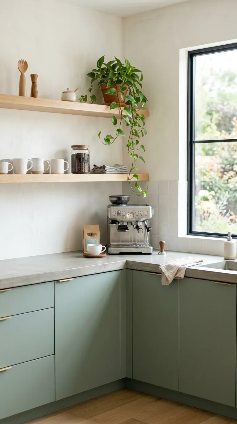 14 Genius Kitchen Color Palette Ideas You Need to Try 5 Soft sage green kitchen cabinets paired with open white oak shelving
