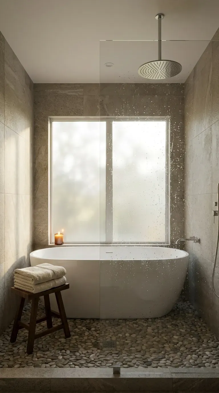 12 Aesthetic Bathroom Decor Ideas for a Gorgeous Space 2 A luxurious wet room with a freestanding tub and rainfall shower