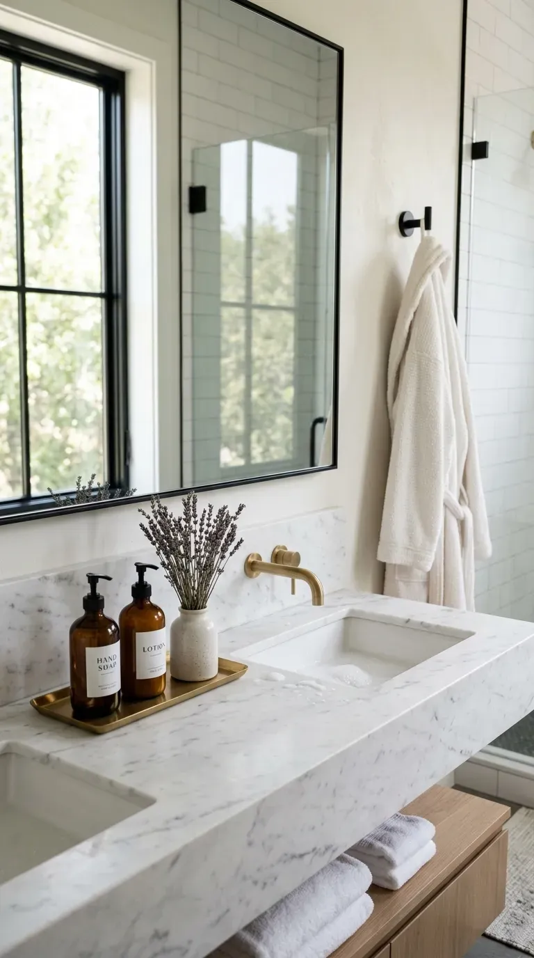 A luxurious guest ensuite bathroom with amber glass bottles and fluffy robes