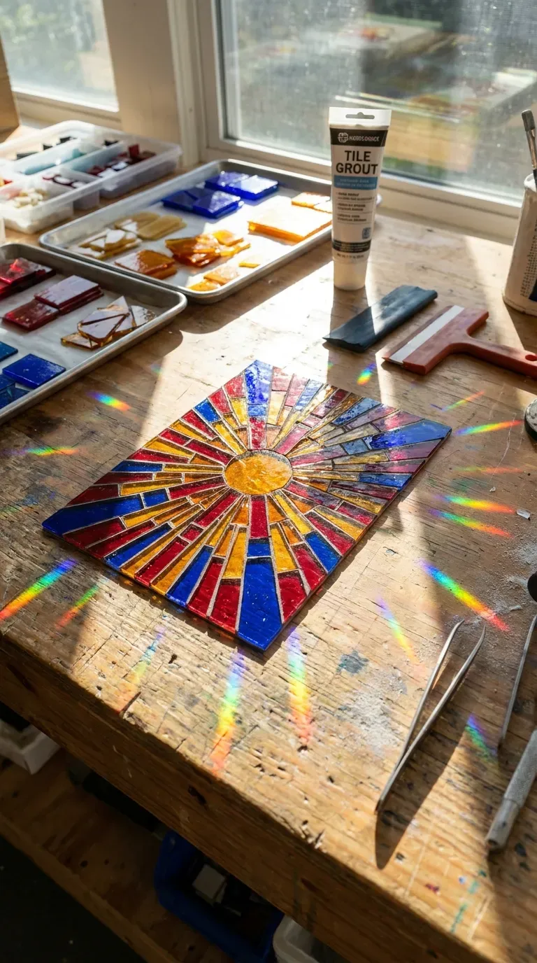 12 Stunning Adult Craft Kits That Will Boost Your Creativity 8 Mosaic stained glass suncatcher resting on a craft table surrounded by colorful glass tiles
