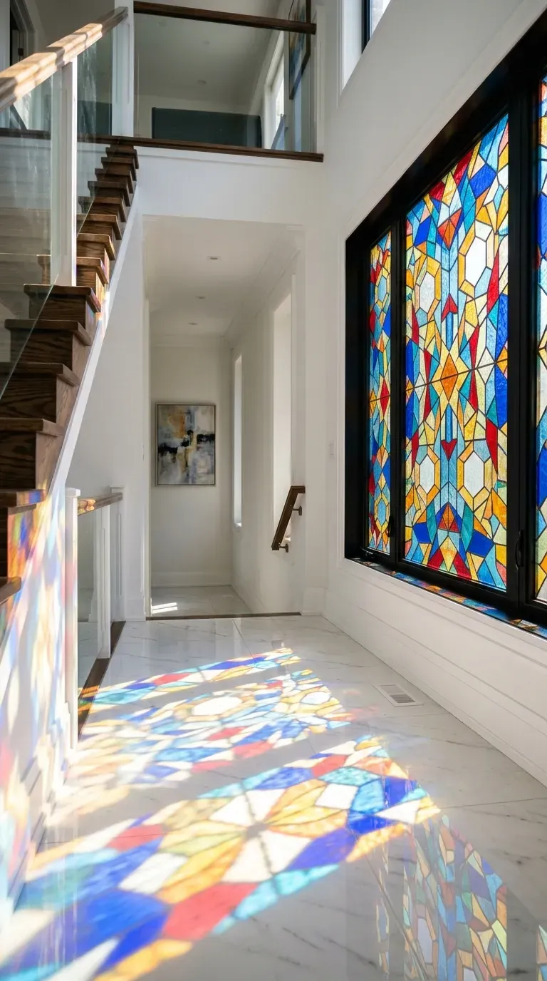 Colorful light shining through a vibrant geometric stained glass window film